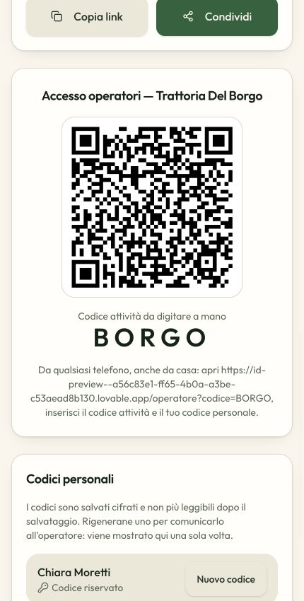 Schermata Eunomiafood per l'accesso del personale con codice attività e codici personali